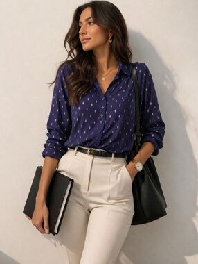 Solitaire | Navy Button-Down Shirt with Gold Detailing, Size M